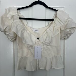 Lovers + Friends Ivory Ruffle Peplum Puff Sleeve Top